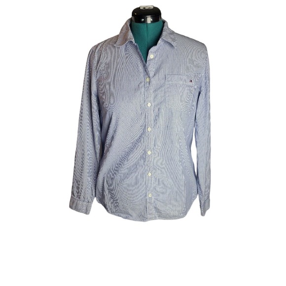 Womens Tommy Hilfiger Lt Blue Button Up Shirt Classic Fit Collared‎ Top Sz L - Picture 1 of 8